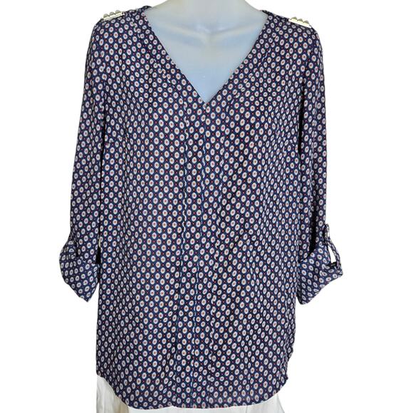 Zac & Rachel Womens Blouse Small Navy Geometric Print V Neck Roll Tab Sleeve Top - Picture 5 of 11